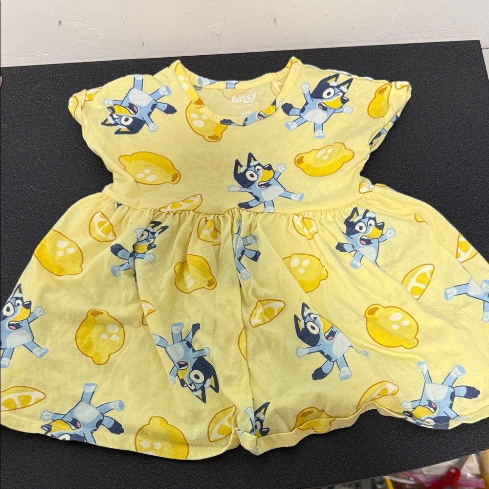Charming Bluey Yellow Cartoon Print Kids Dress